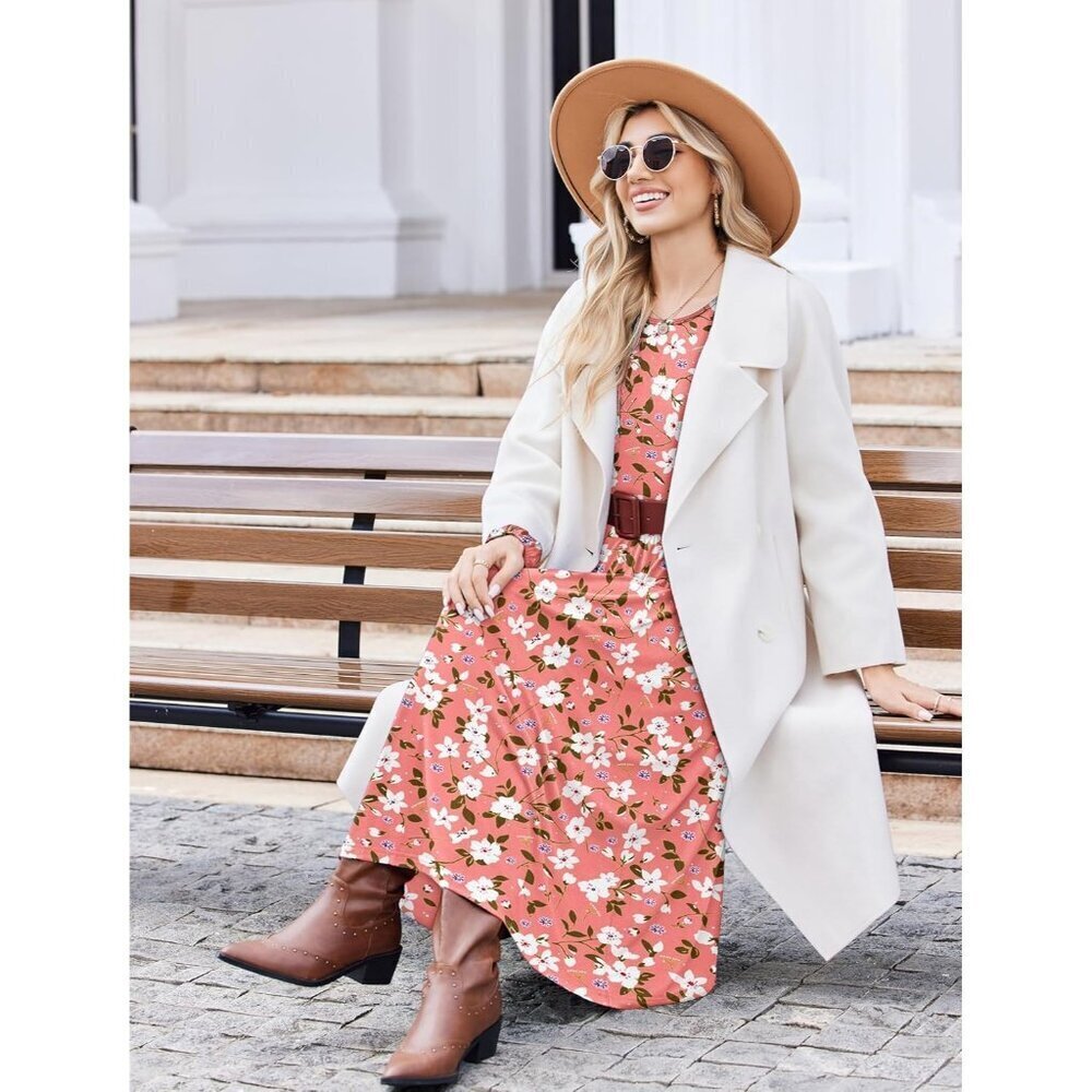 Zeagoo Women Pink Floral Long Sleeve Flowy A-Line Boho Long Dress with Pockets - Picture 6 of 6